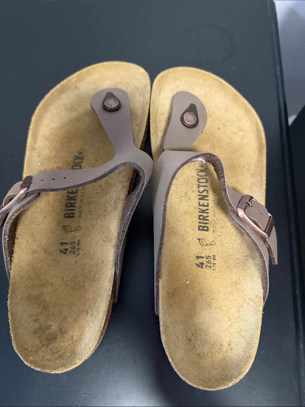 Birkenstock Taupe Brown Thong Sandals with Rose Gold Buckles